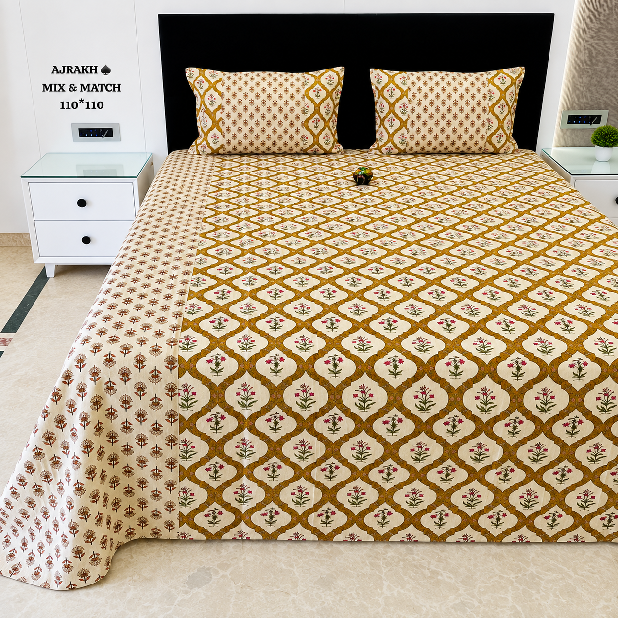 Ajrak Golden Heritage Floral Printed King Size Bedsheet