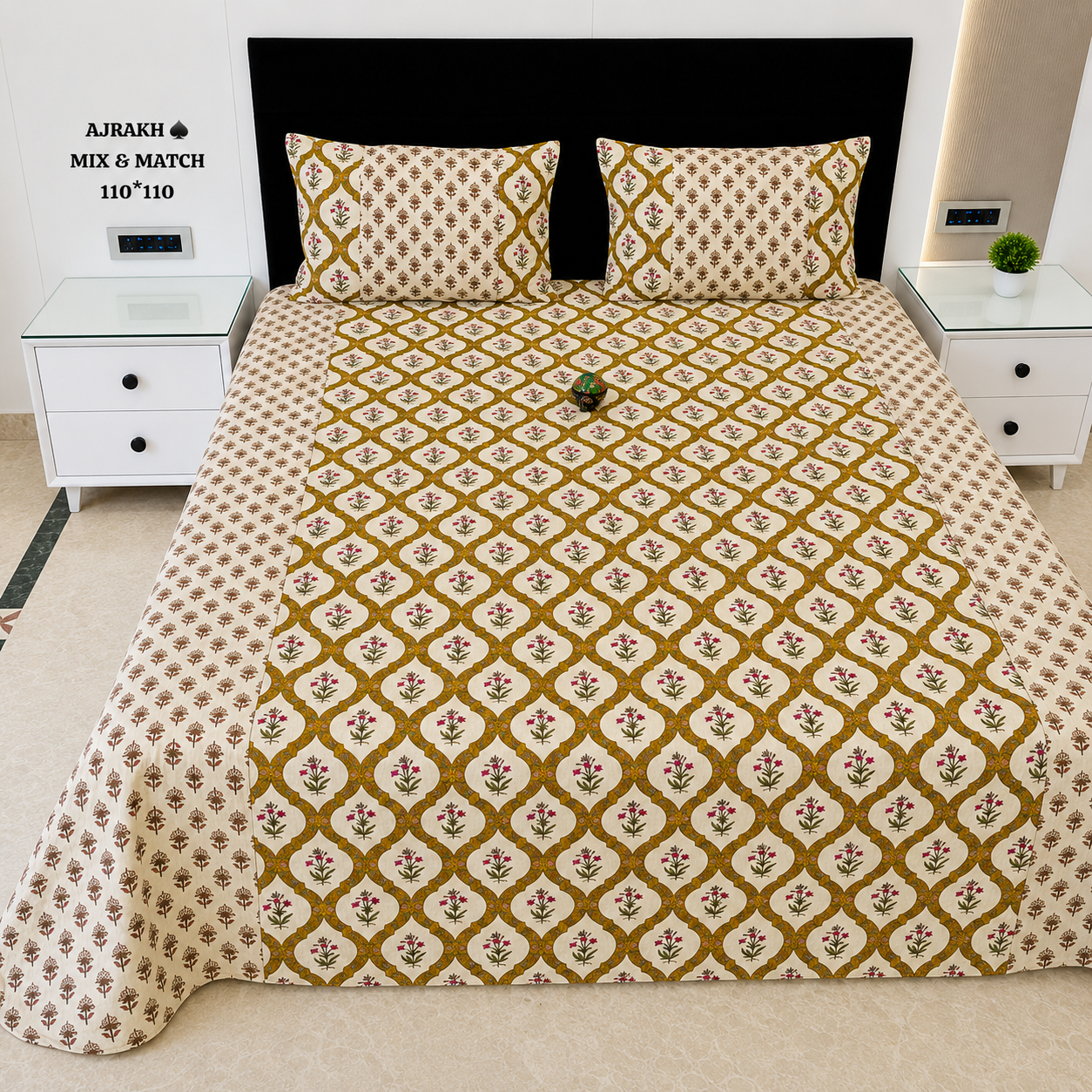 Ajrak Golden Heritage Floral Printed King Size Bedsheet