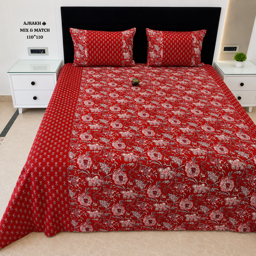 Ajrak Royal Crimson Floral Printed King Size Bedsheet