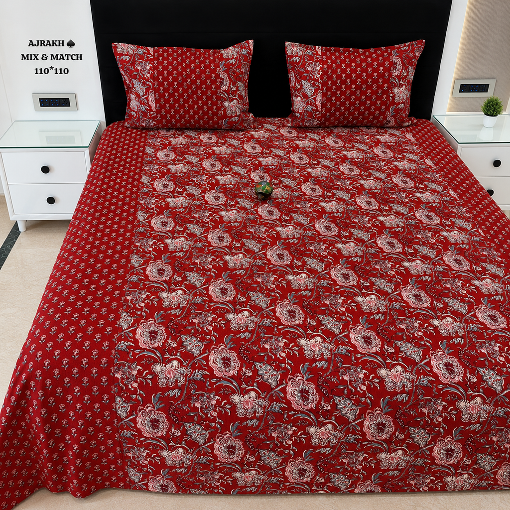 Ajrak Royal Crimson Floral Printed King Size Bedsheet