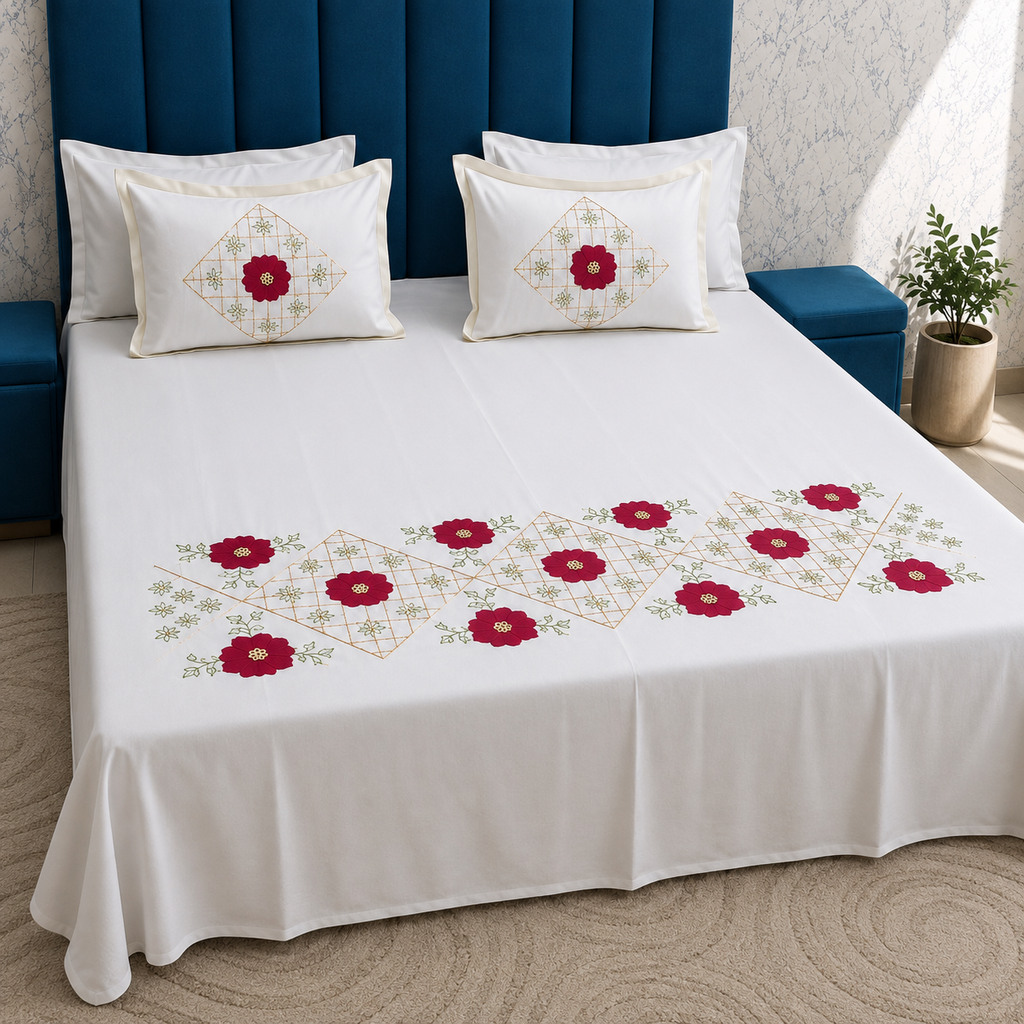 Shahi karigari Pure Cotton Designer Kingsize Embroidered Bedsheet