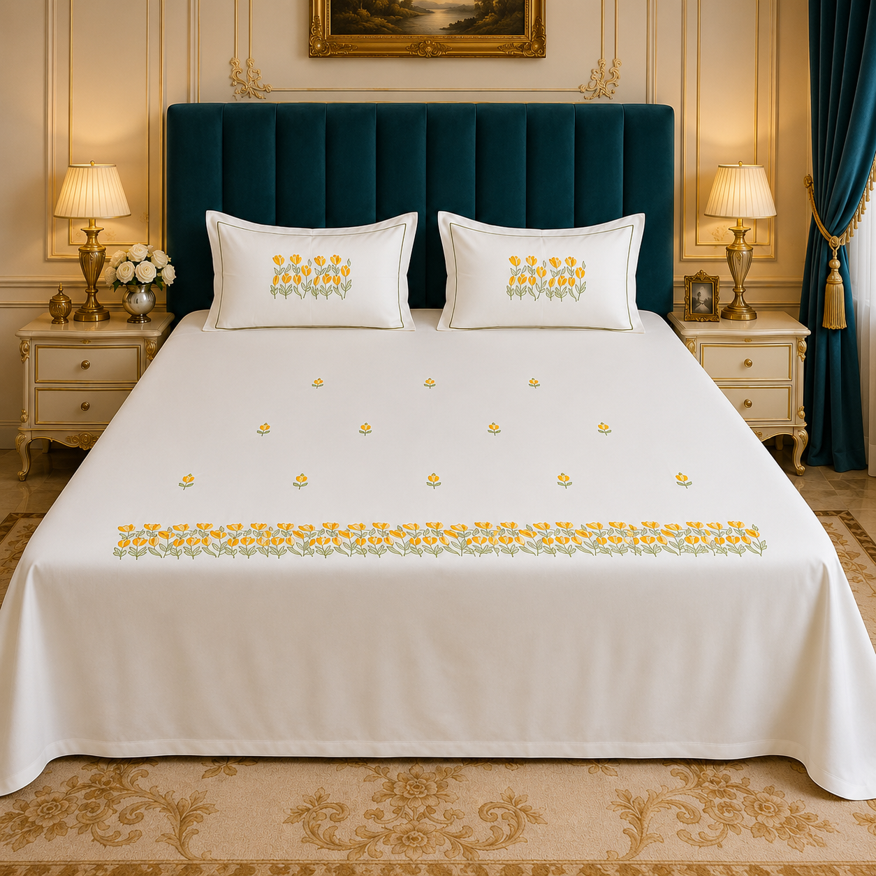 Shahi karigari Pure Cotton Designer Kingsize Embroidered Bedsheet