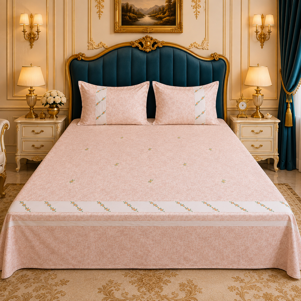 Shahi karigari Pure Cotton Designer Kingsize Embroidered Bedsheet