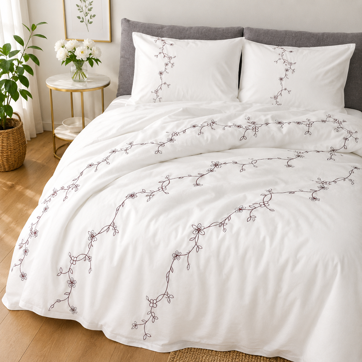 Floral Bloom Embroidered King Size Pure Cotton Bedsheet Set