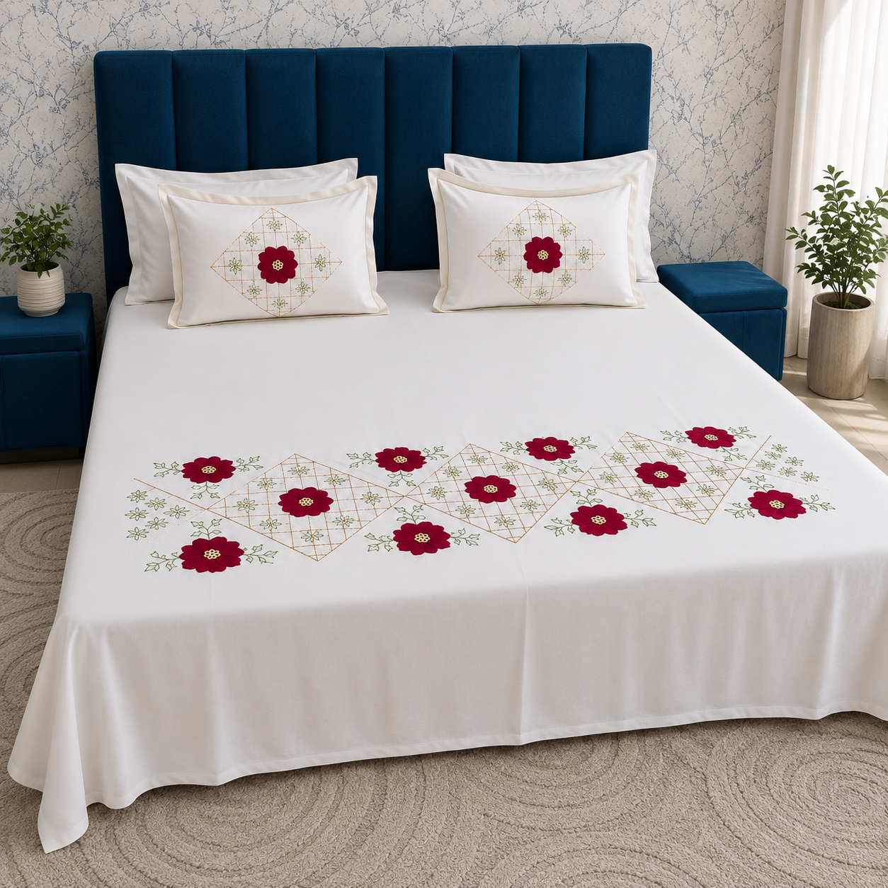 Shahi karigari Pure Cotton Designer Kingsize Embroidered Bedsheet