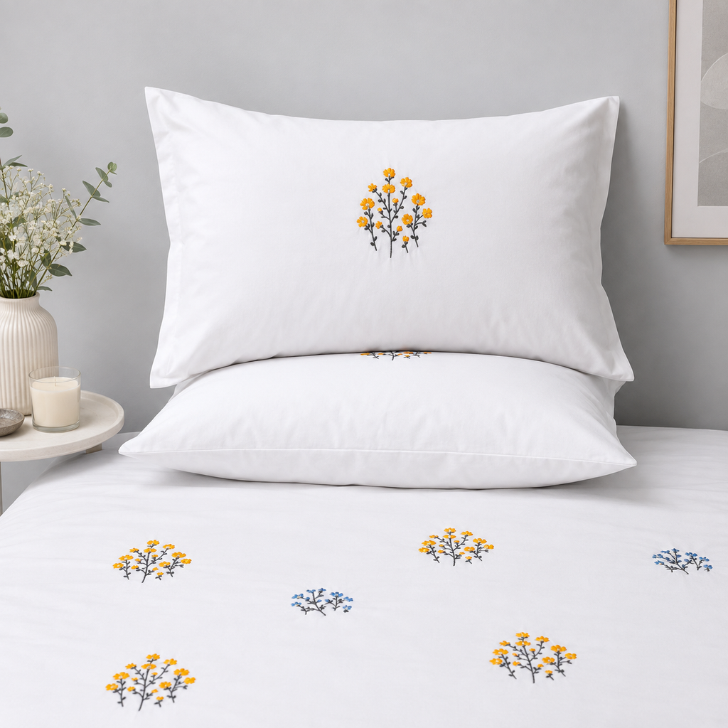 Floral Bloom Embroidered King Size Pure Cotton Bedsheet Set