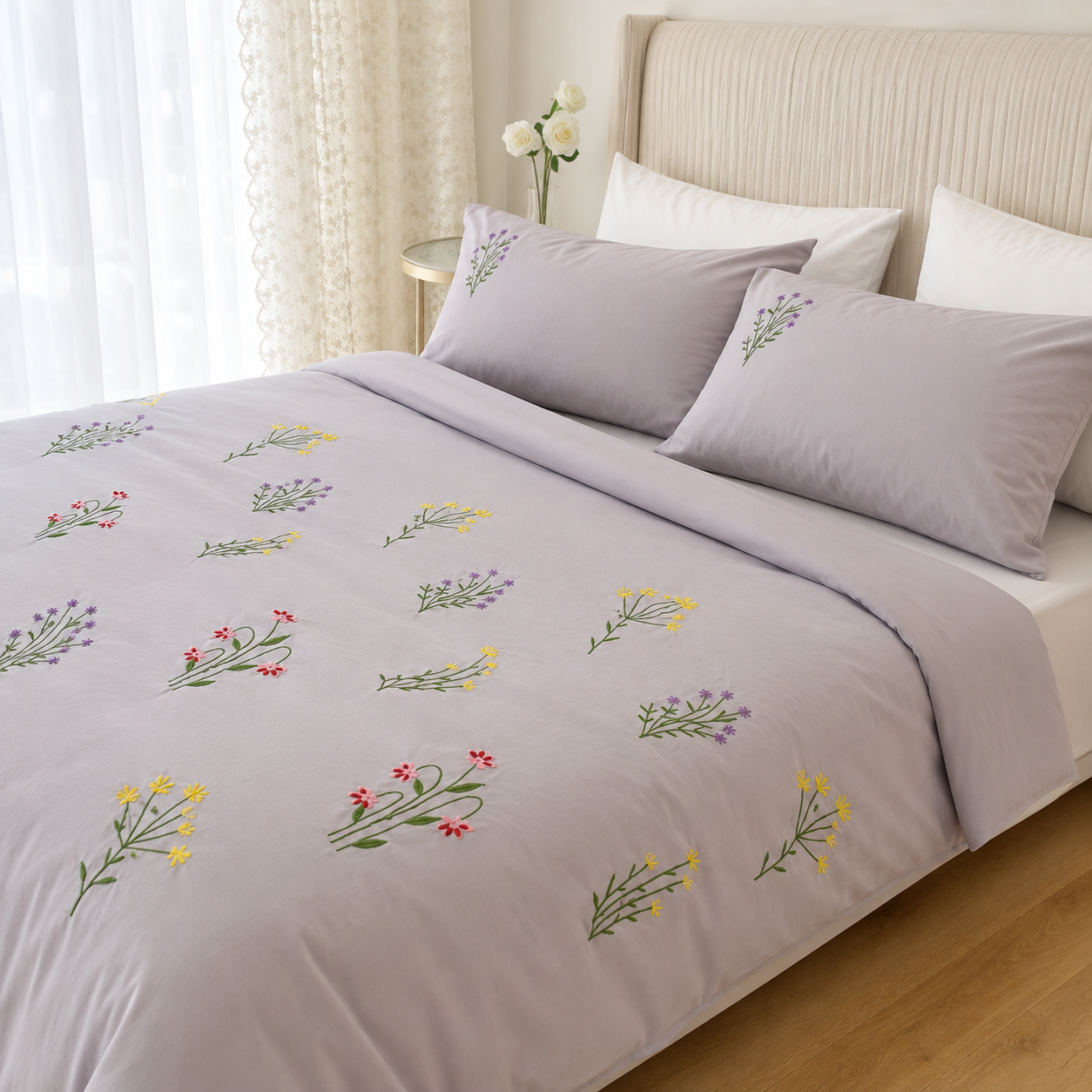 Floral Bloom Embroidered King Size Pure Cotton Bedsheet Set