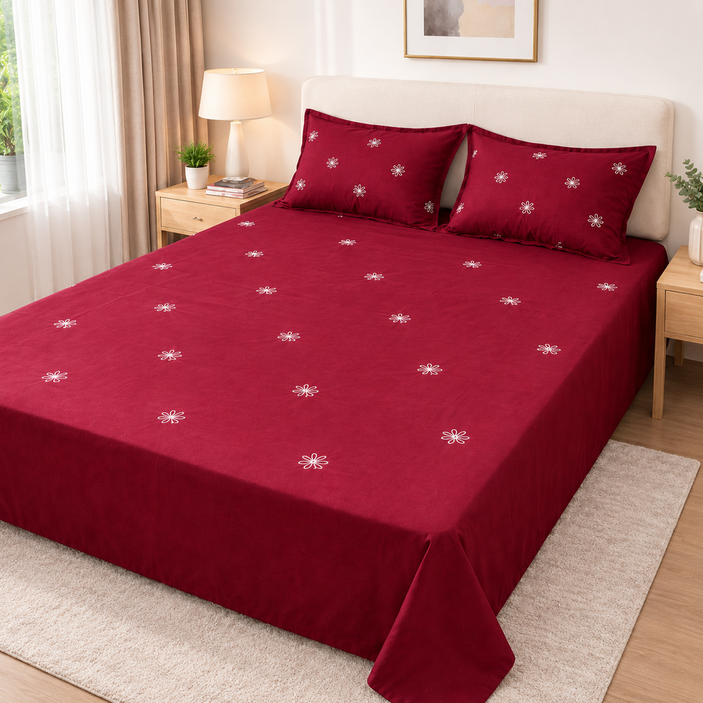 Floral Bloom Embroidered King Size Pure Cotton Bedsheet Set