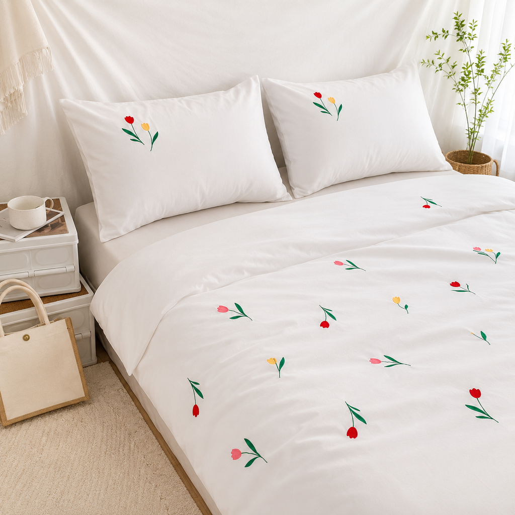Floral Bloom Embroidered King Size Pure Cotton Bedsheet Set