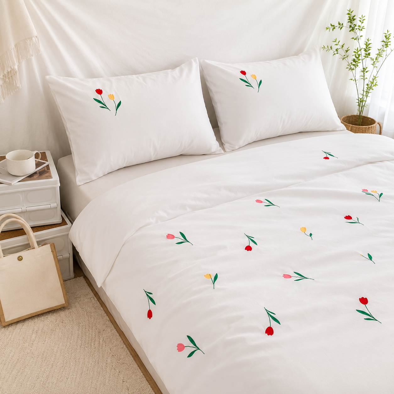 Floral Bloom Embroidered King Size Pure Cotton Bedsheet Set