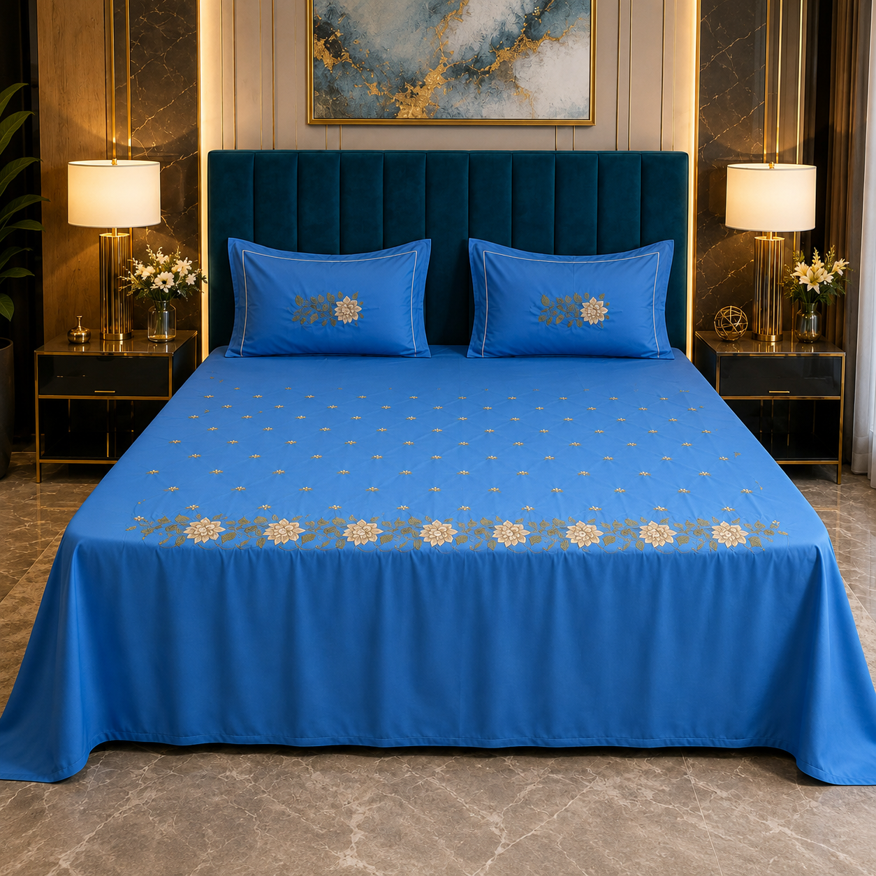 Artistic Thread Work Pure Cotton King Size Embroidered Bedsheet