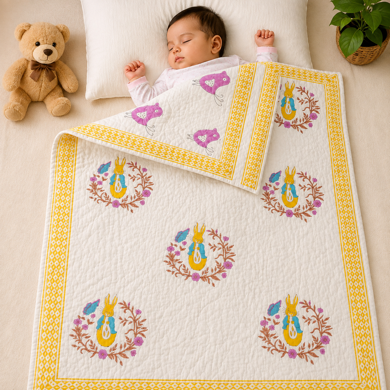 Little Heirloom Handblock Mul Cotton New Born Reversible Quilt