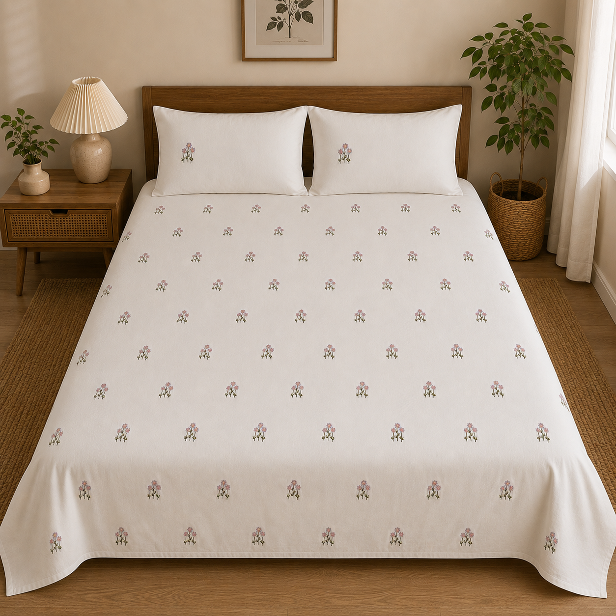 Floral Bloom Embroidered King Size Pure Cotton Bedsheet Set