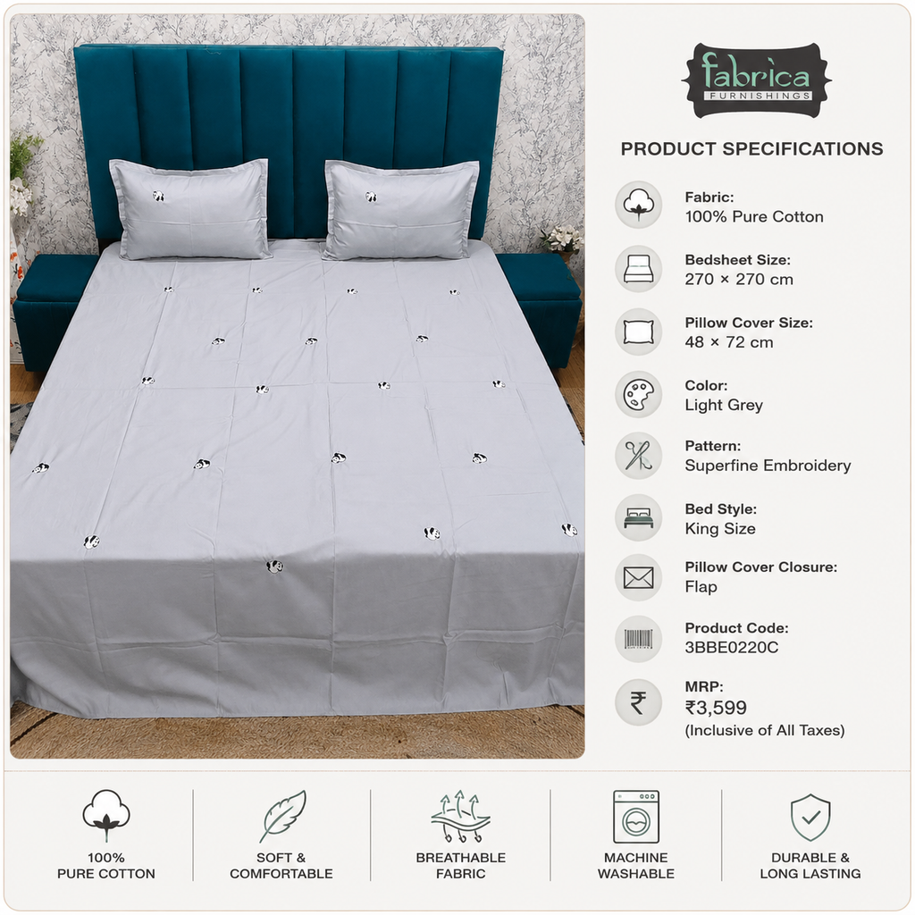 Grey Cotton King Bedsheet Set Premium Cotton with Elegant Minimal Embroidery