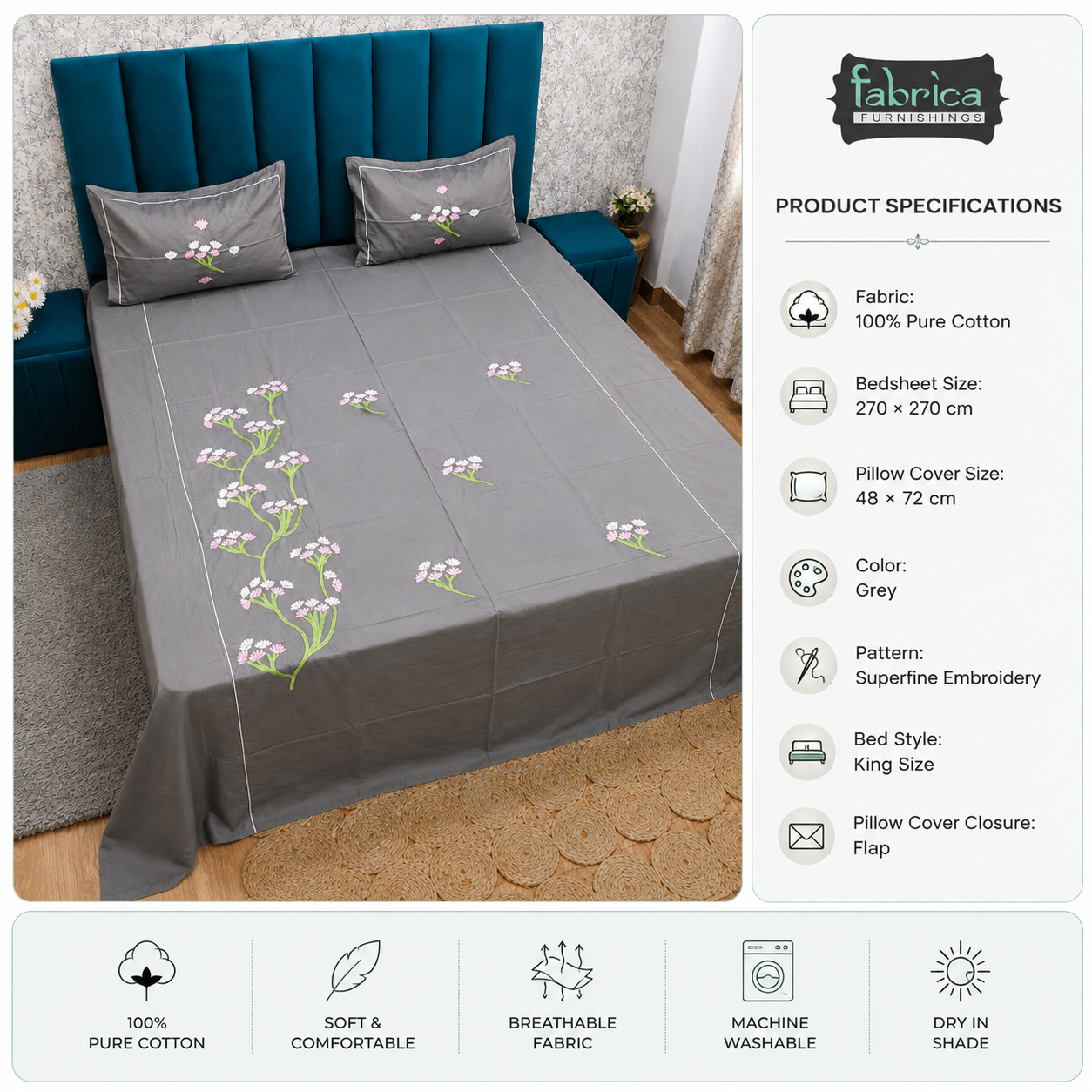Fabrica Elegant Grey Floral Embroidered Cotton King Size Bedsheet