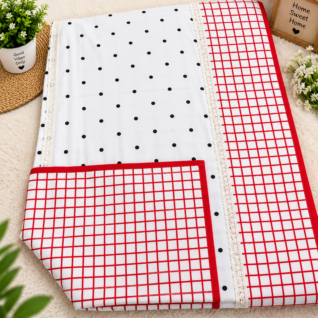 Baby Grace Red & White Polka Dot & Checkered Pure Mul Cotton Reversible Baby Quilt