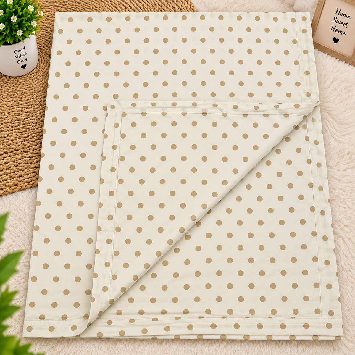 Baby Grace Beige & White Polka Dot Printed Pure Mul Cotton Reversible Baby Quilt