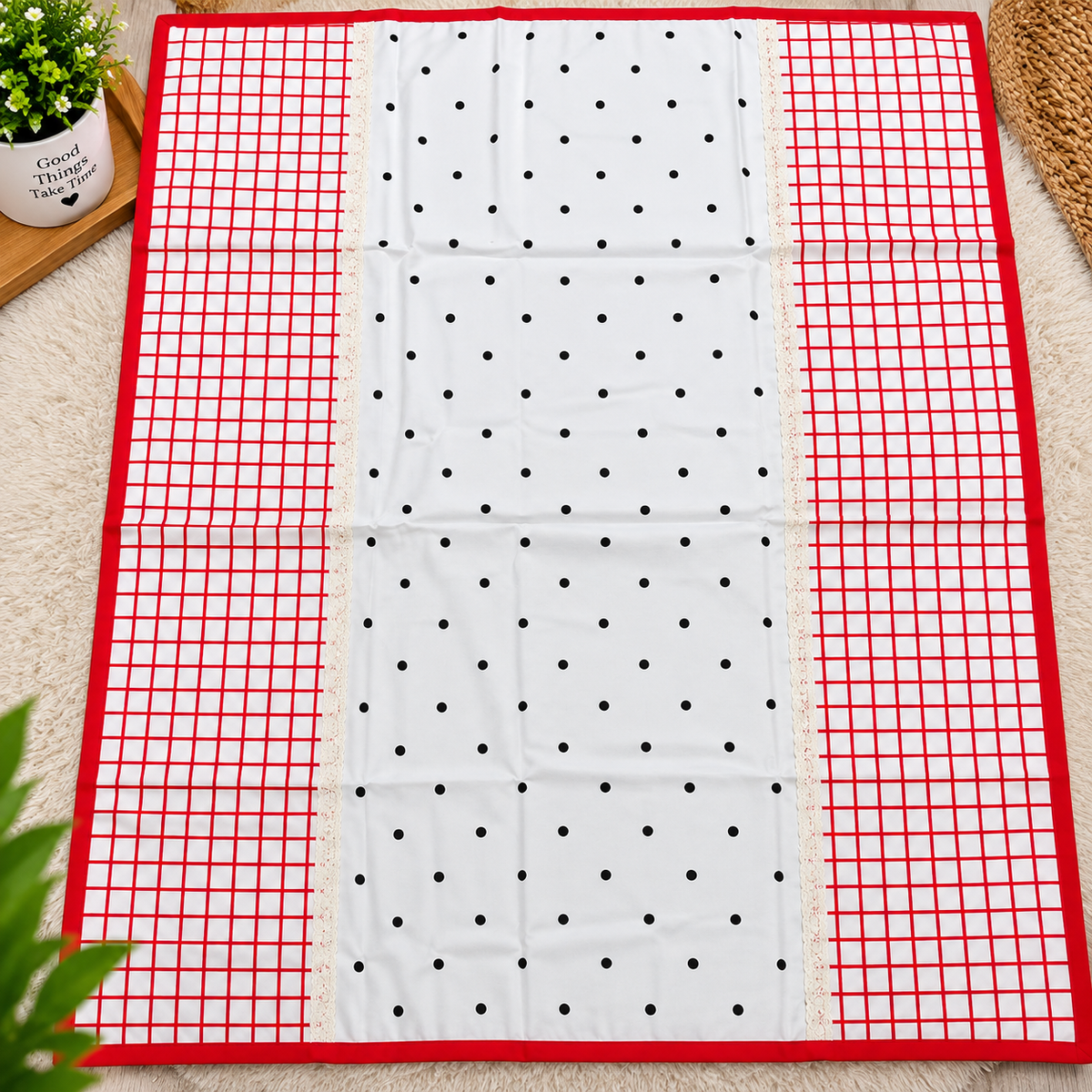 Baby Grace Red & White Polka Dot & Checkered Pure Mul Cotton Reversible Baby Quilt