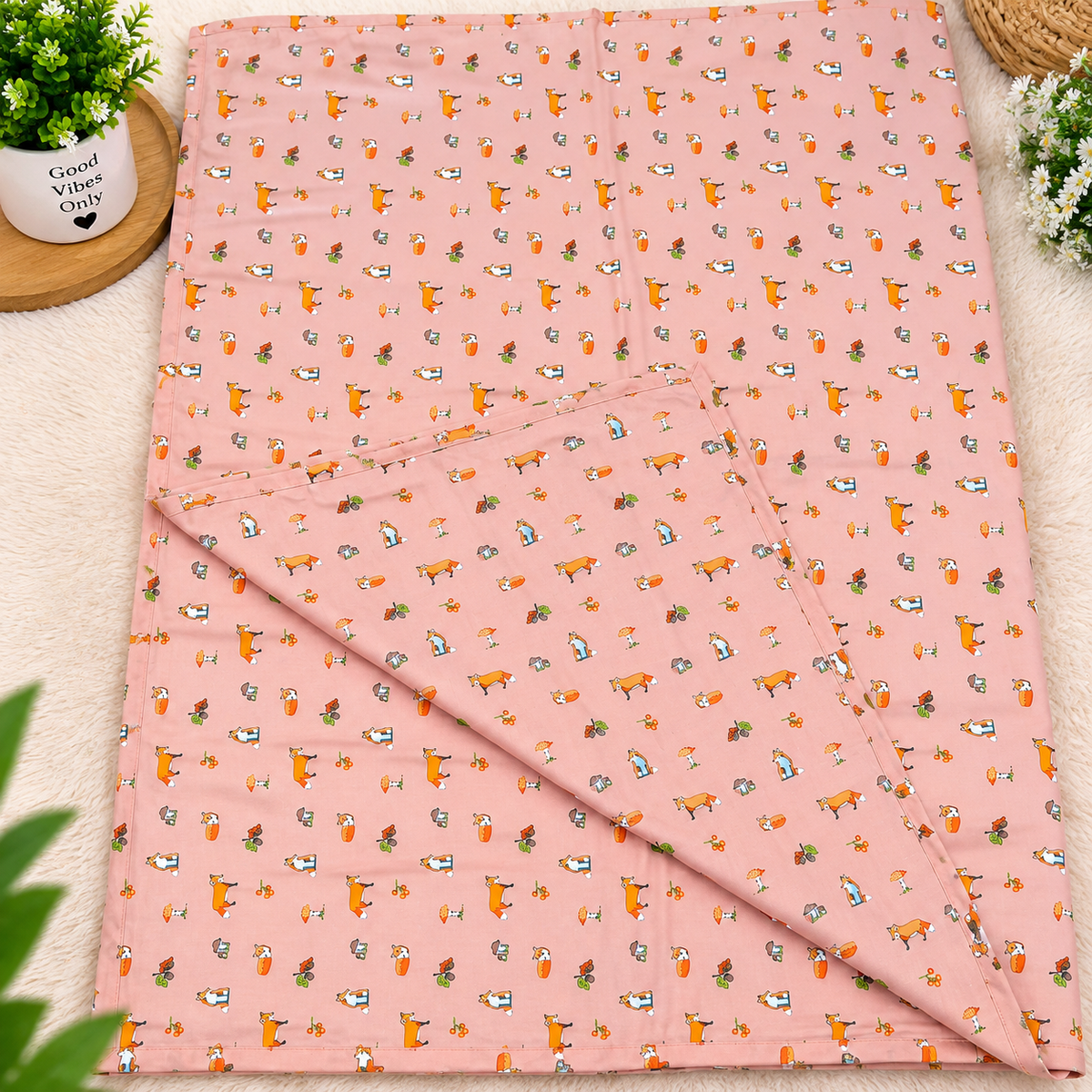 Baby Grace Pink Fox Printed Pure Mul Cotton Reversible Baby Quilt