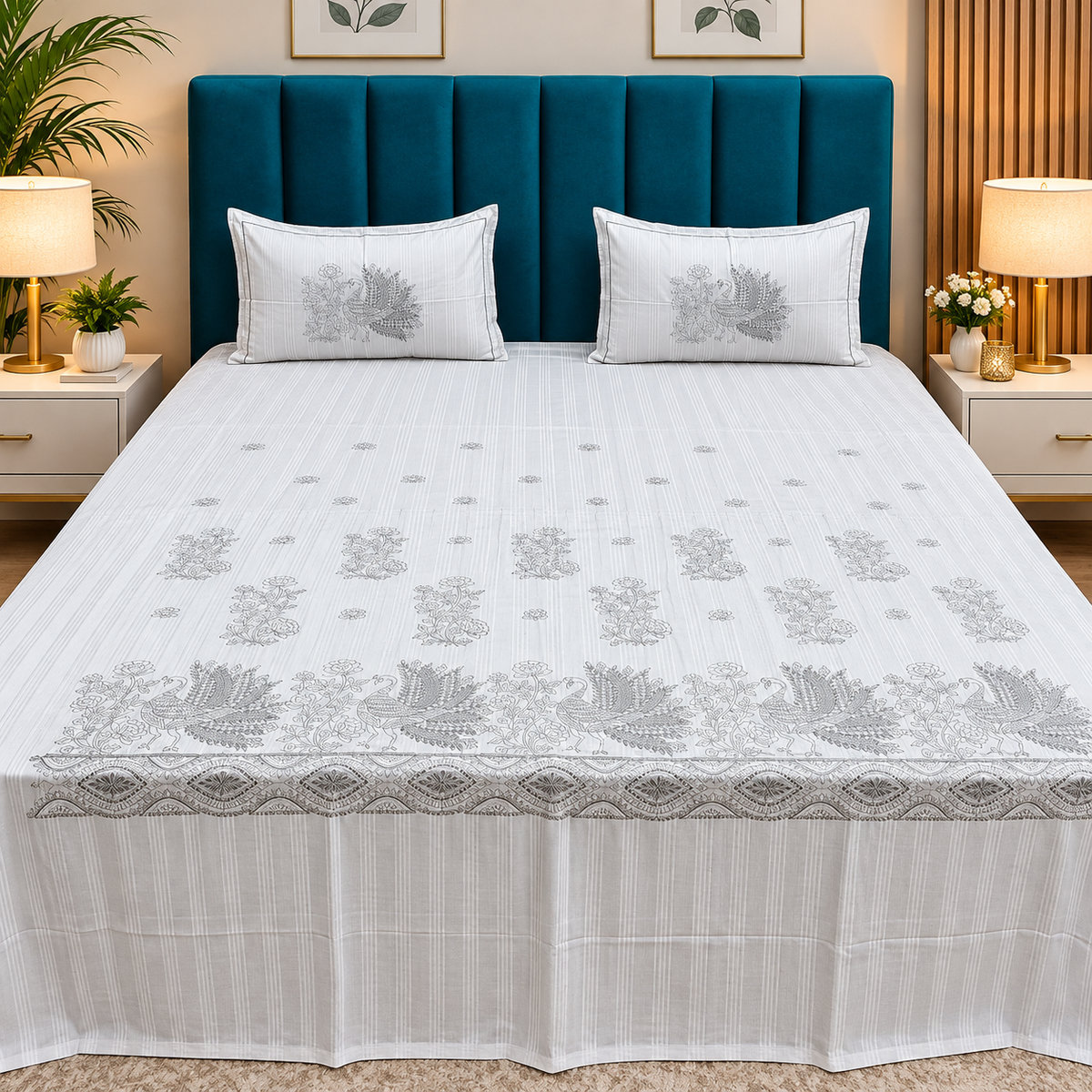 Roselyn Premium Pure Cotton Super King-Size Peacock Floral Embroidered Bedsheet