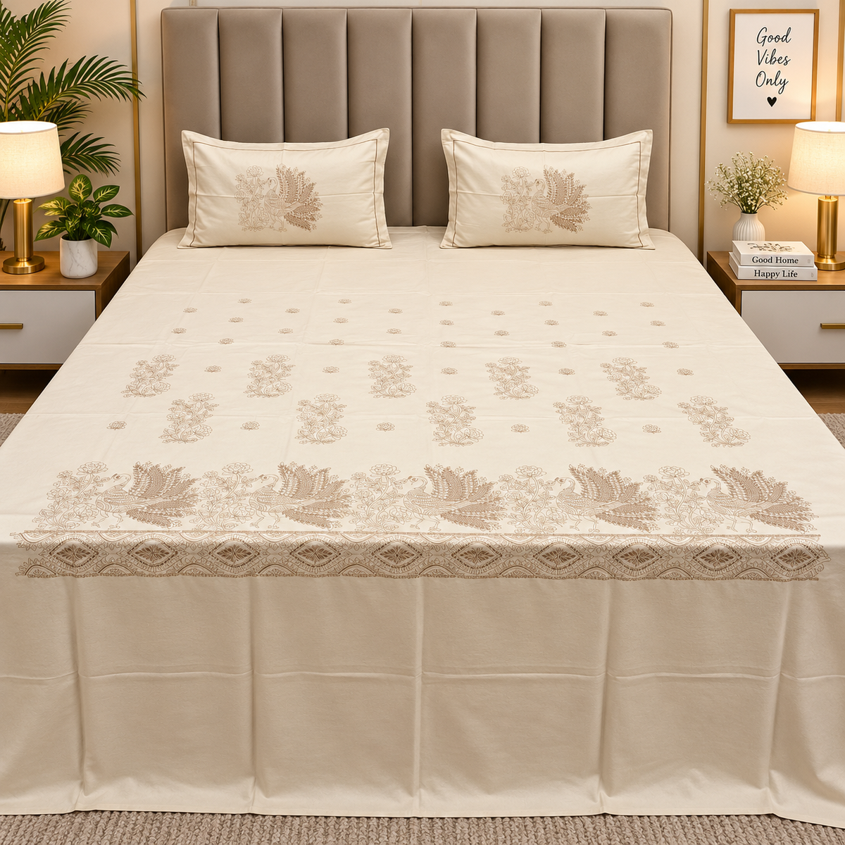 Roselyn Premium Pure Cotton Super King-Size Geometric Embroidered Bedsheet