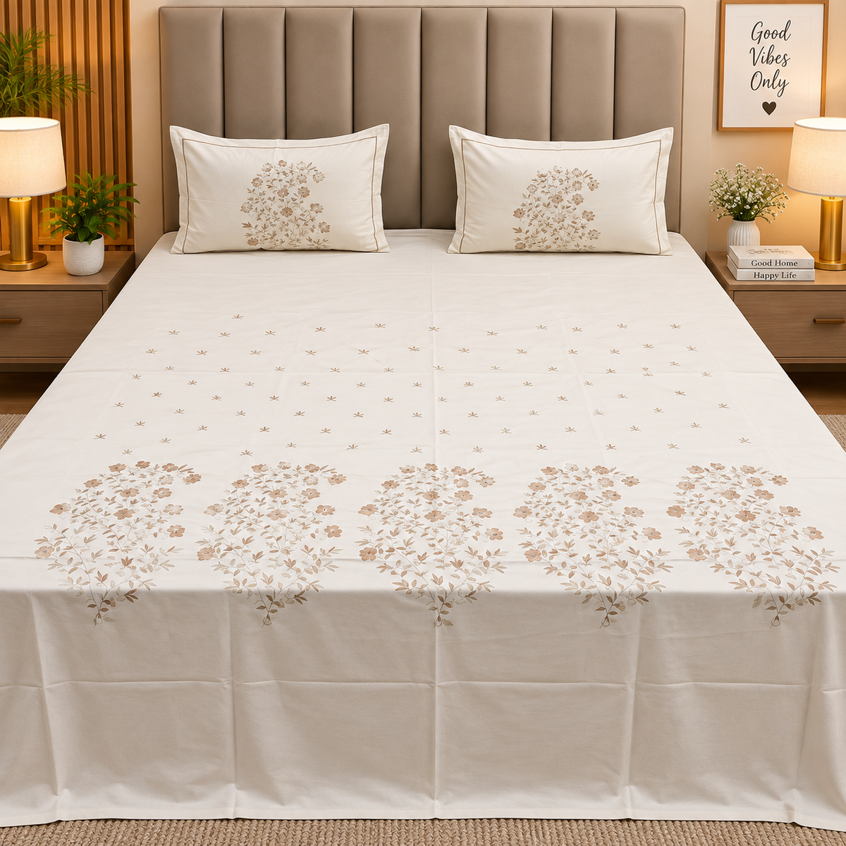 Roselyn Premium Pure Cotton Super King-Size Peacock Floral Embroidered Bedsheet