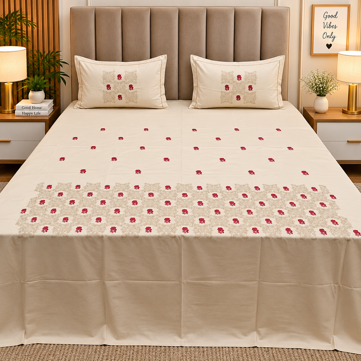 Roselyn Premium Pure Cotton Super King-Size Floral Embroidered Bedsheet