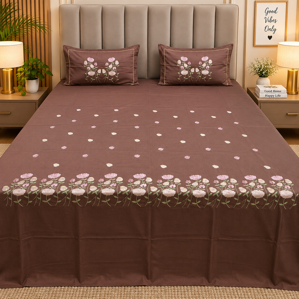 Roselyn Premium Pure Cotton Super King-Size Floral Embroidered Bedsheet