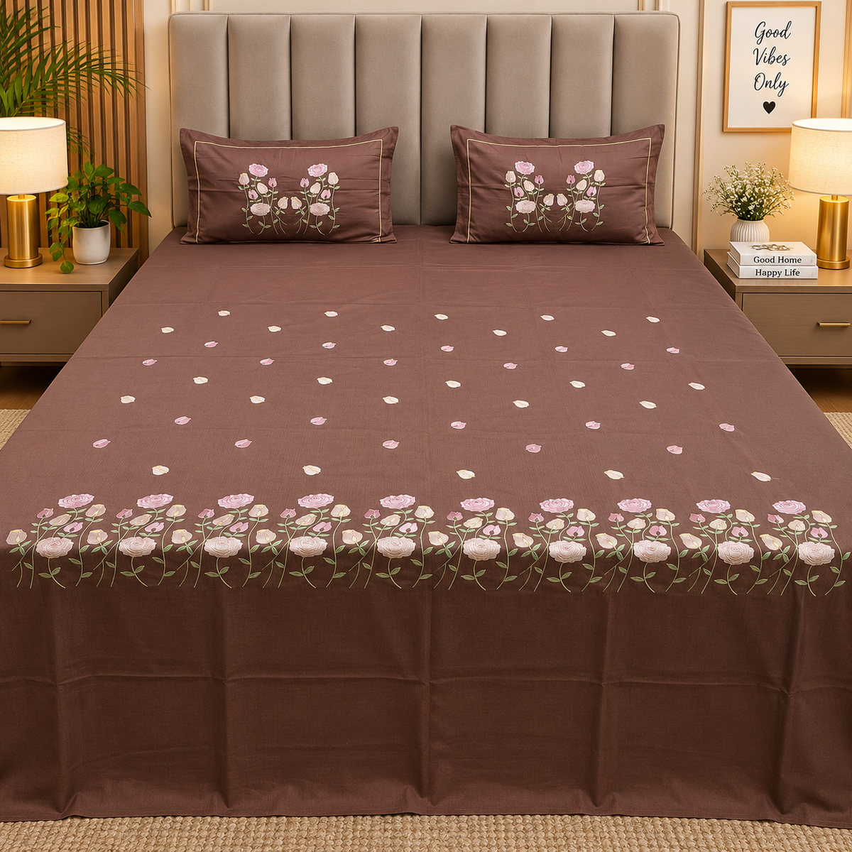 Roselyn Premium Pure Cotton Super King-Size Floral Embroidered Bedsheet