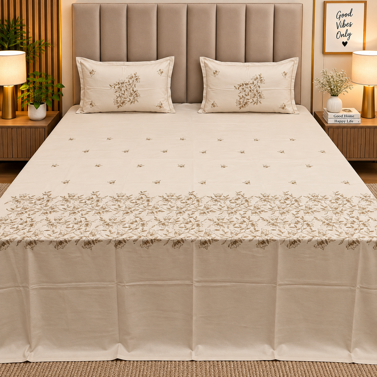 Aurelia Premium Pure Cotton Super King-Size Botanical Floral Embroidered Bedsheet