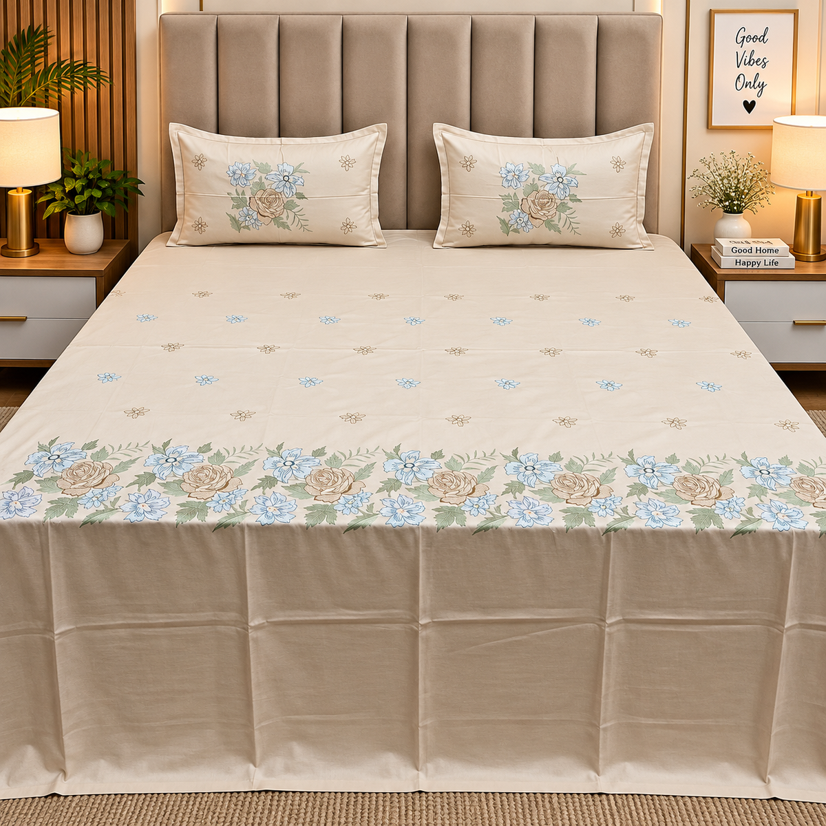 Aurelia Premium Pure Cotton Super King-Size Blue Floral Embroidered Bedsheet