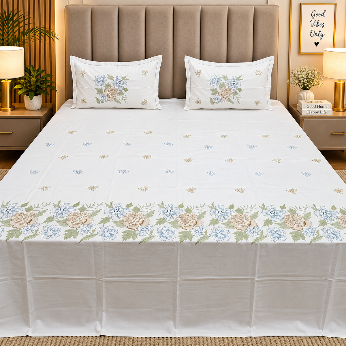 Aurelia Premium Pure Cotton Super King-Size Floral Garden Embroidered Bedsheet