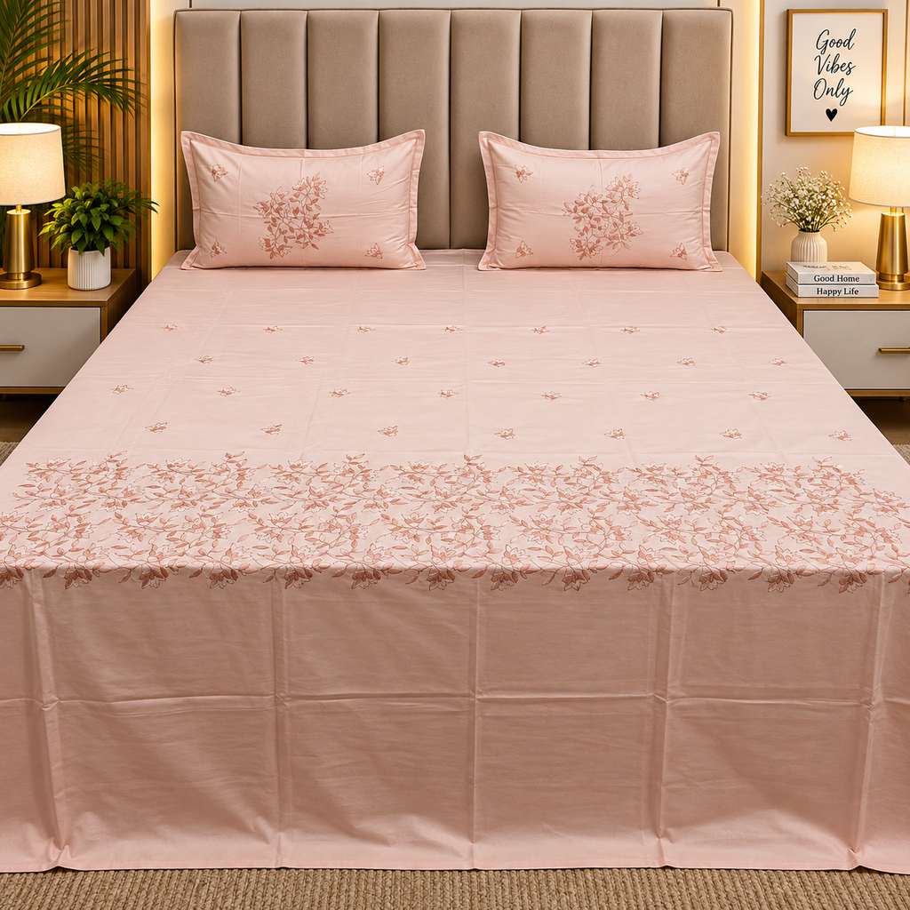 Aurelia Premium Pure Cotton Super King-Size Blush Floral Embroidered Bedsheet