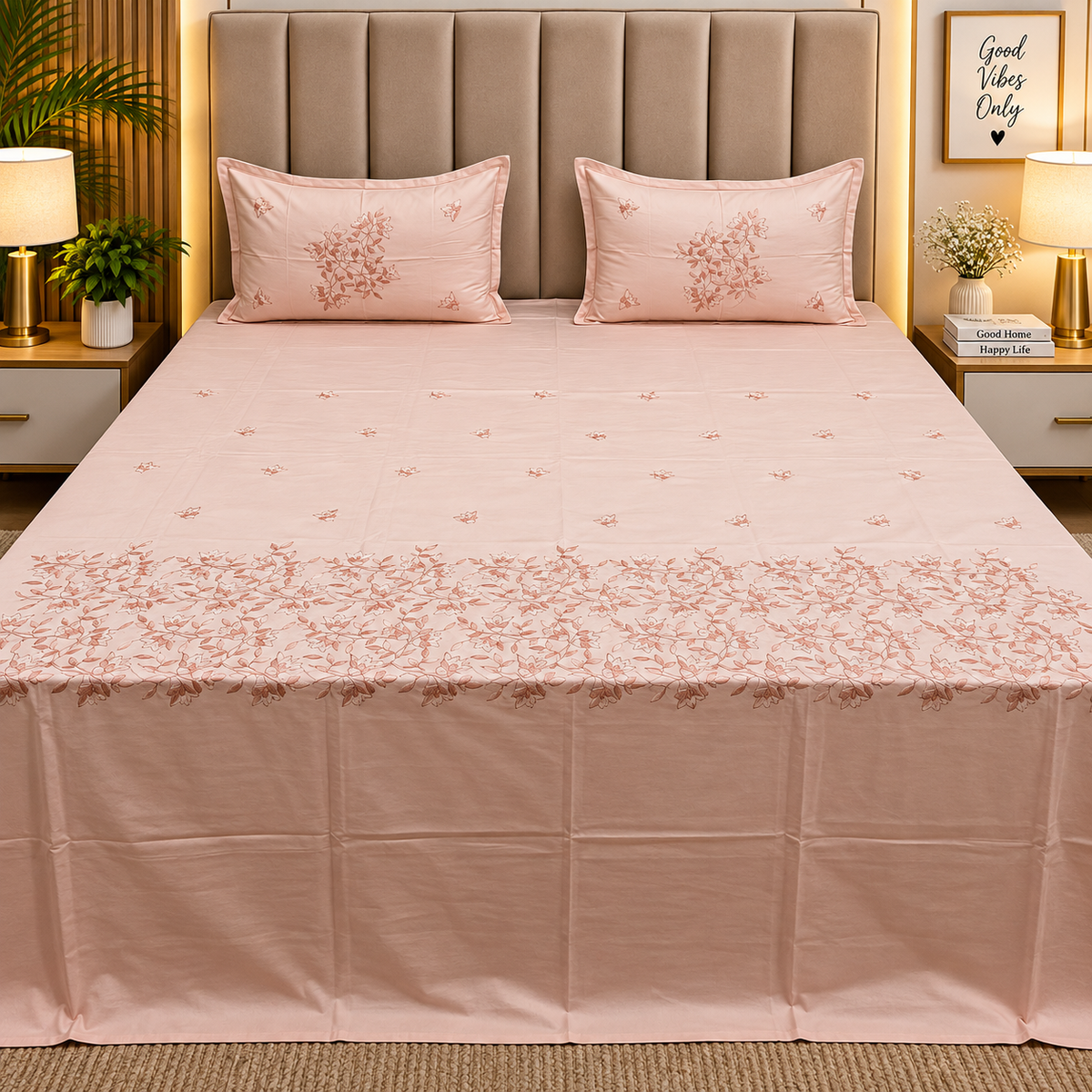 Aurelia Premium Pure Cotton Super King-Size Blush Floral Embroidered Bedsheet