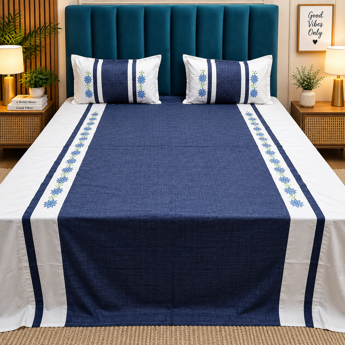 Shahi Karigari Pure Cotton Designer King-Size Embroidered Bedsheet