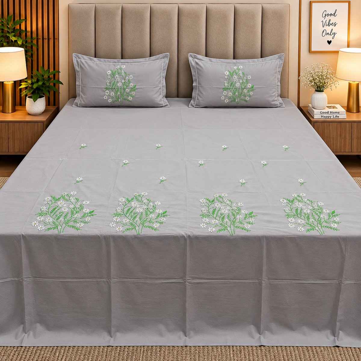 Shahi Karigari Pure Cotton Designer King-Size Elegant Floral Embroidered Bedsheet