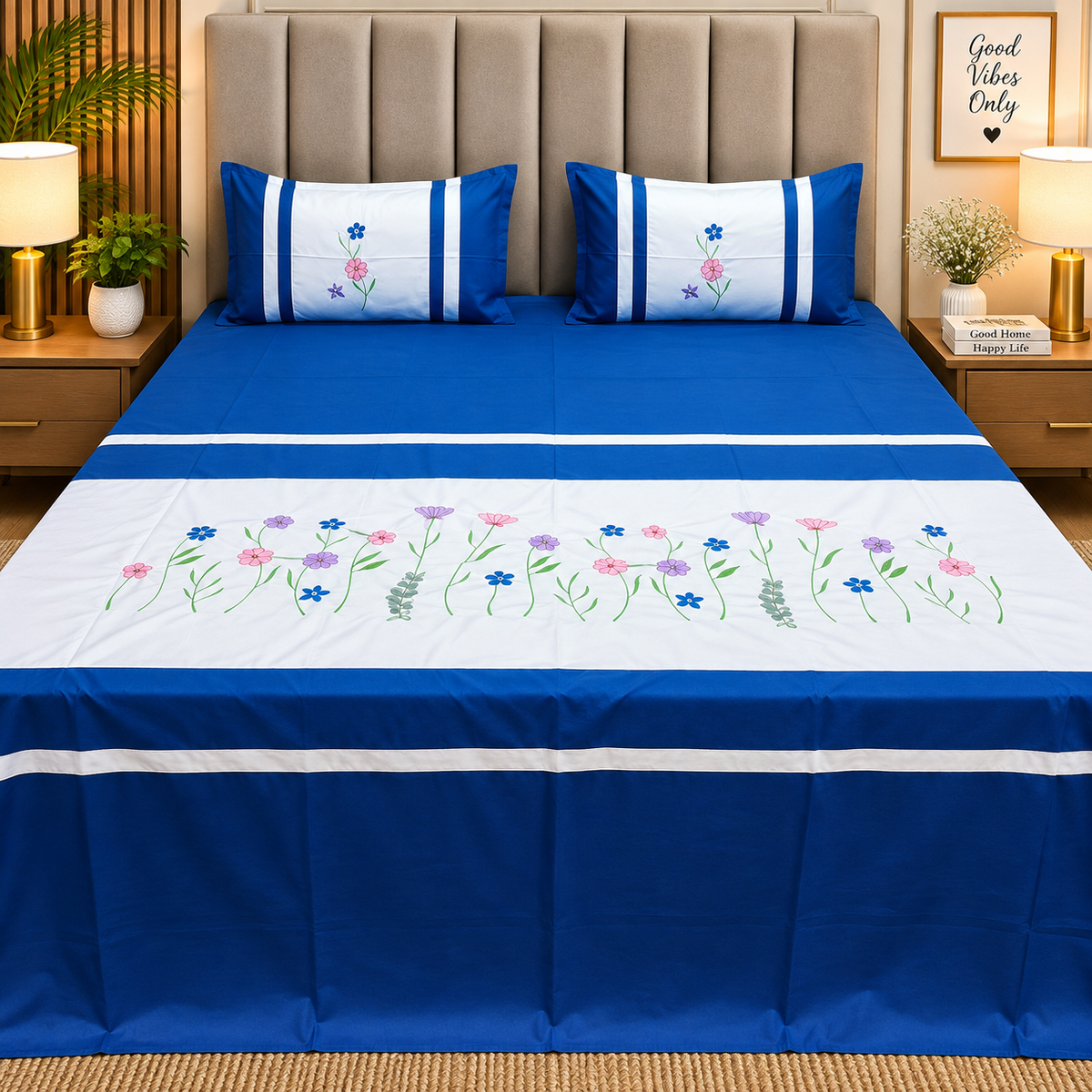 Shahi Karigari Pure Cotton Designer King-Size Royal Blue Floral Embroidered Bedsheet