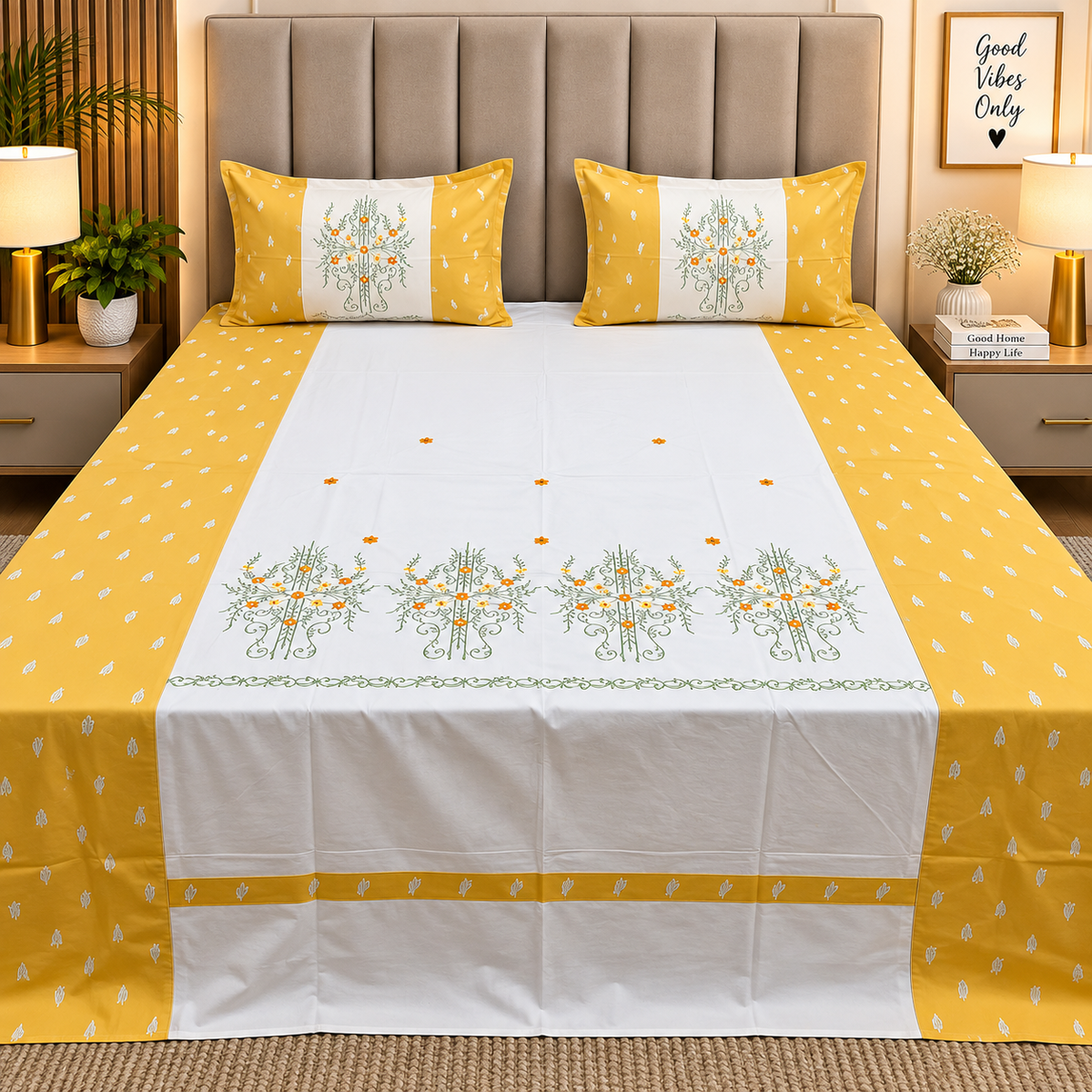 Shahi Karigari Pure Cotton Designer King-Size Mustard Yellow Floral Embroidered Bedsheet