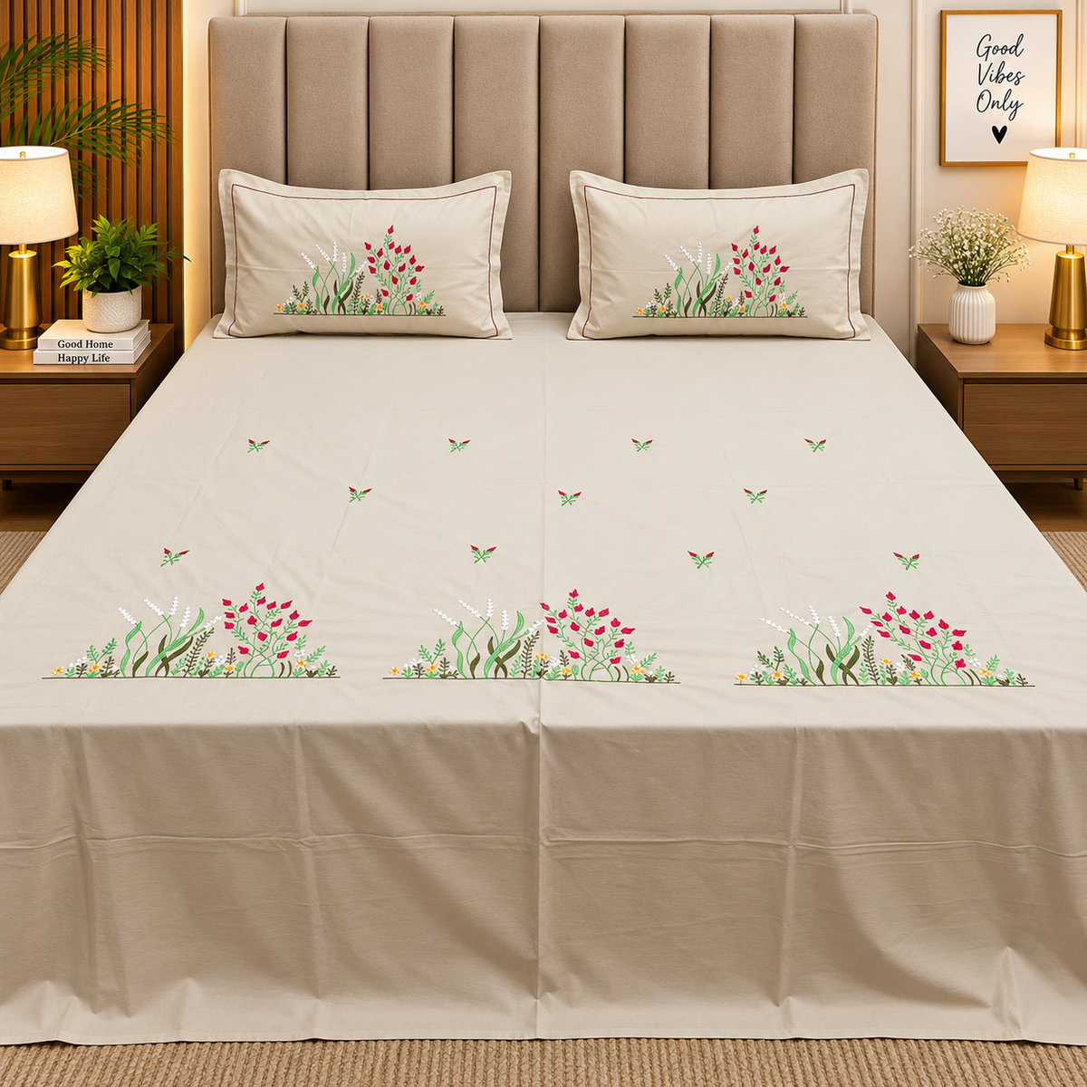 Shahi Karigari Pure Cotton Designer King-Size Beige Floral Embroidered Bedsheet