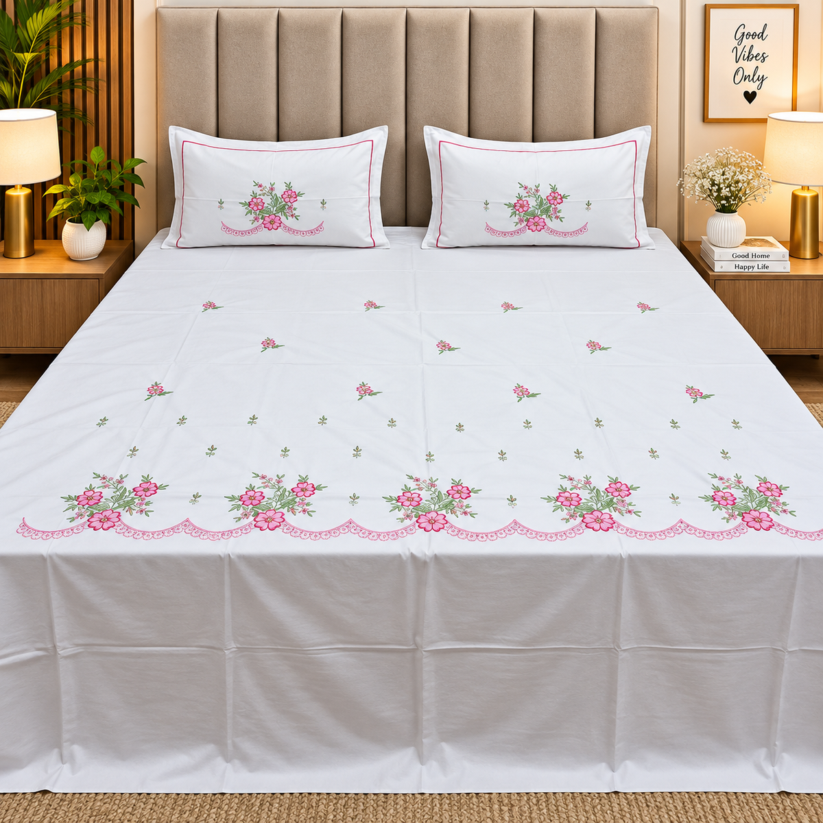 Shahi Karigari Pure Cotton Designer King-Size White Floral Embroidered Bedsheet