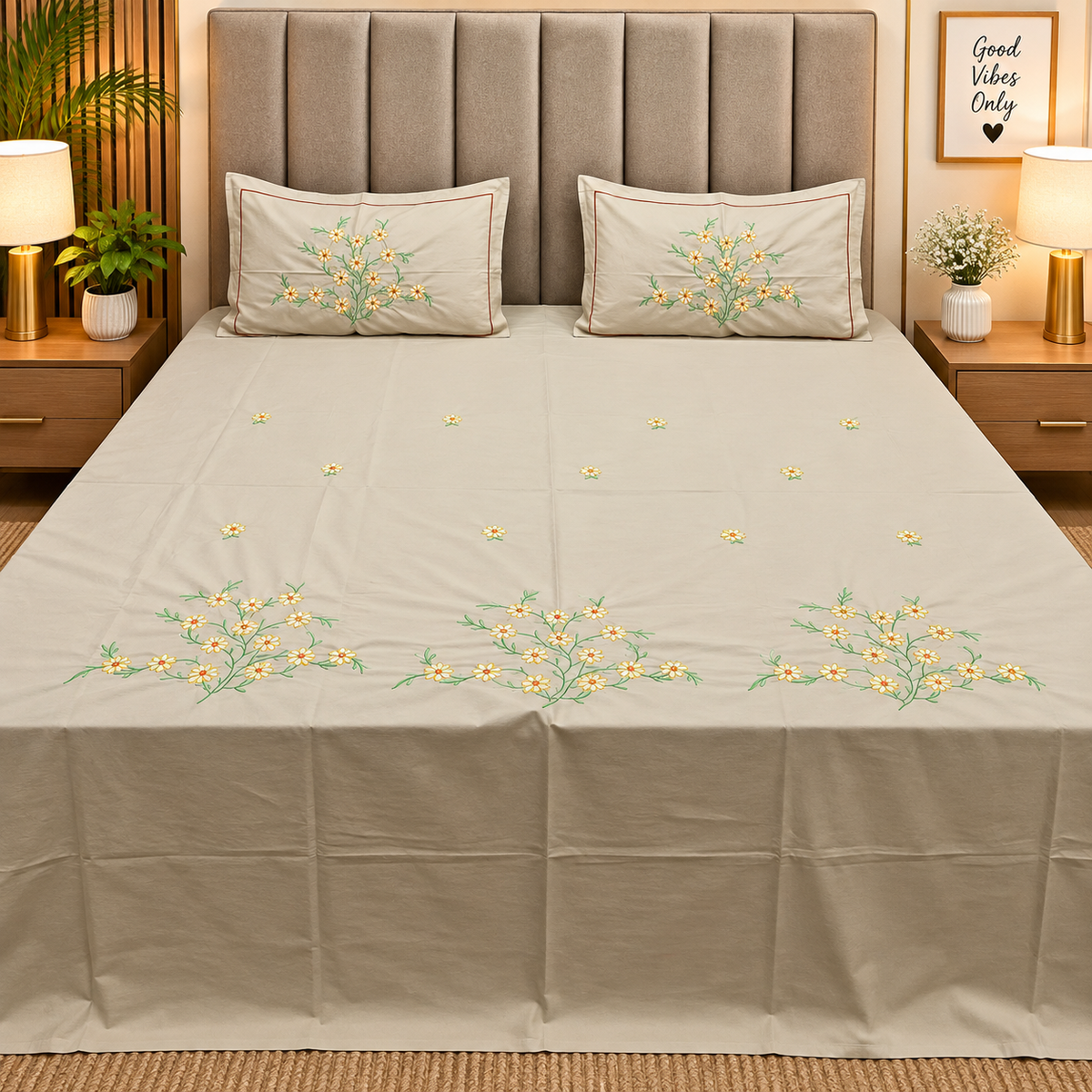 Shahi Karigari Pure Cotton Designer King-Size Beige Floral Embroidered Bedsheet