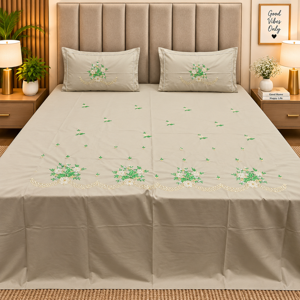 Shahi Karigari Pure Cotton Designer King-Size Beige & Green Floral Embroidered Bedsheet