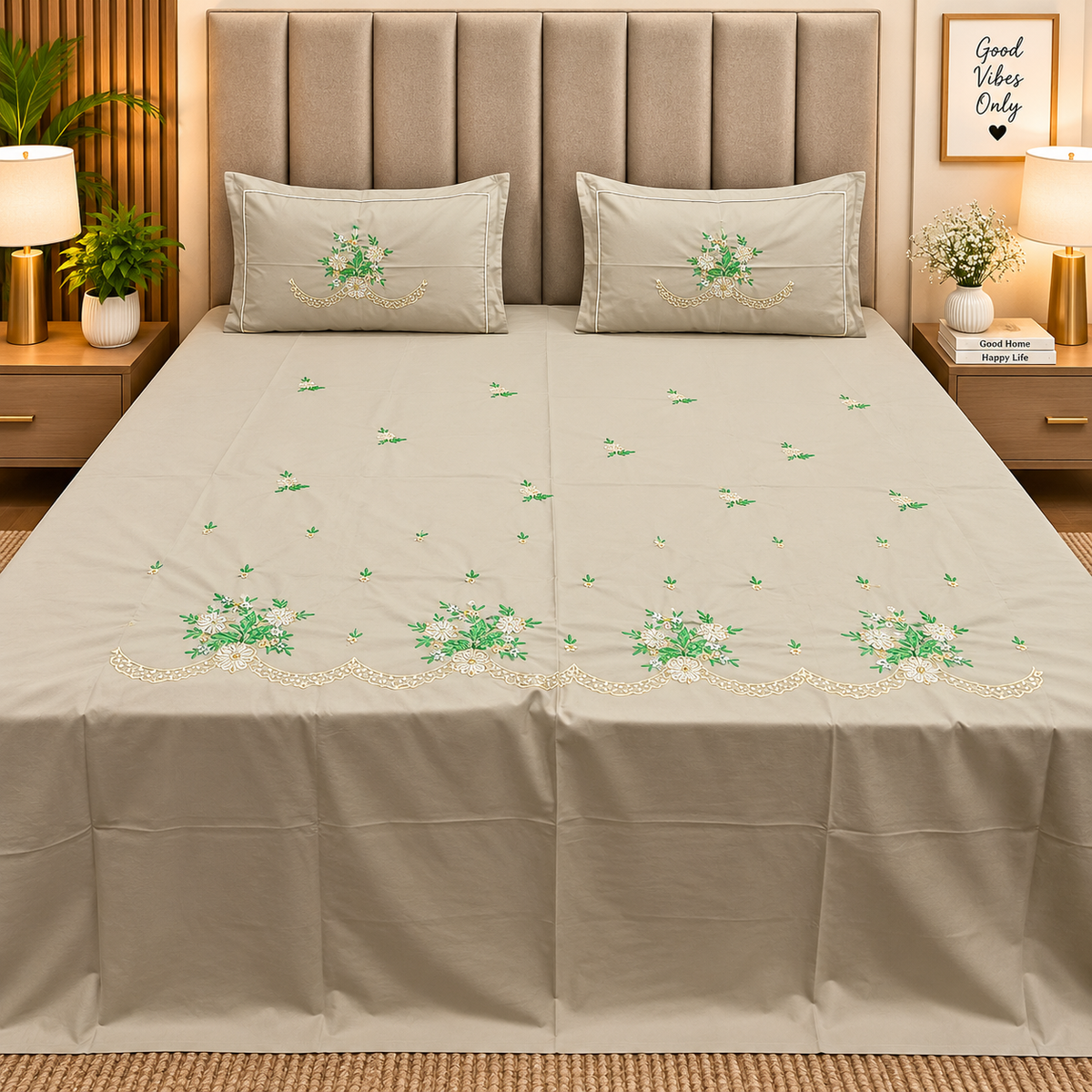 Shahi Karigari Pure Cotton Designer King-Size Beige & Green Floral Embroidered Bedsheet