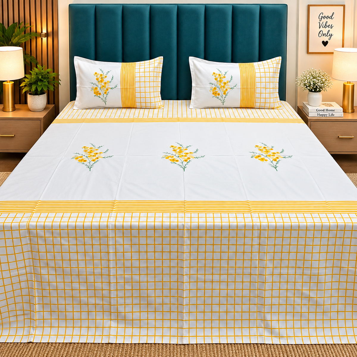 Shahi Karigari Premium Pure Cotton Designer King-Size White & Yellow Floral Embroidered Bedsheet