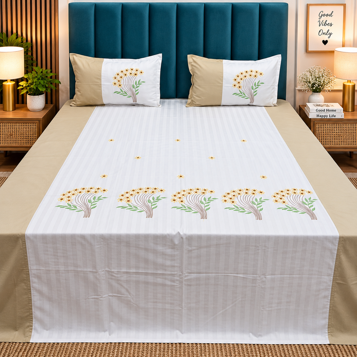Shahi Karigari Premium Pure Cotton Designer King-Size Beige & White Floral Embroidered Bedsheet