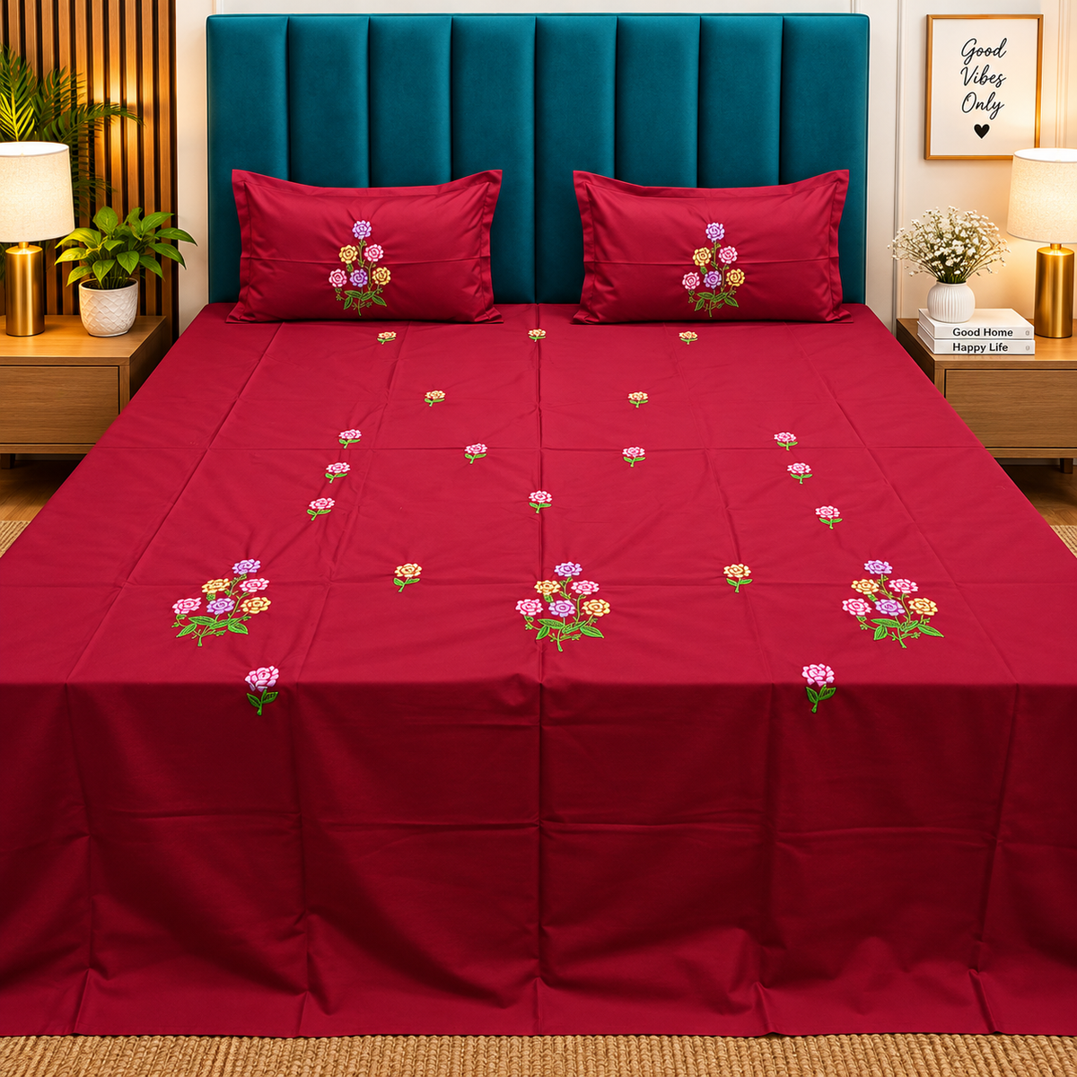 Shahi Karigari Premium Pure Cotton Designer King-Size Magenta Floral Embroidered Bedsheet
