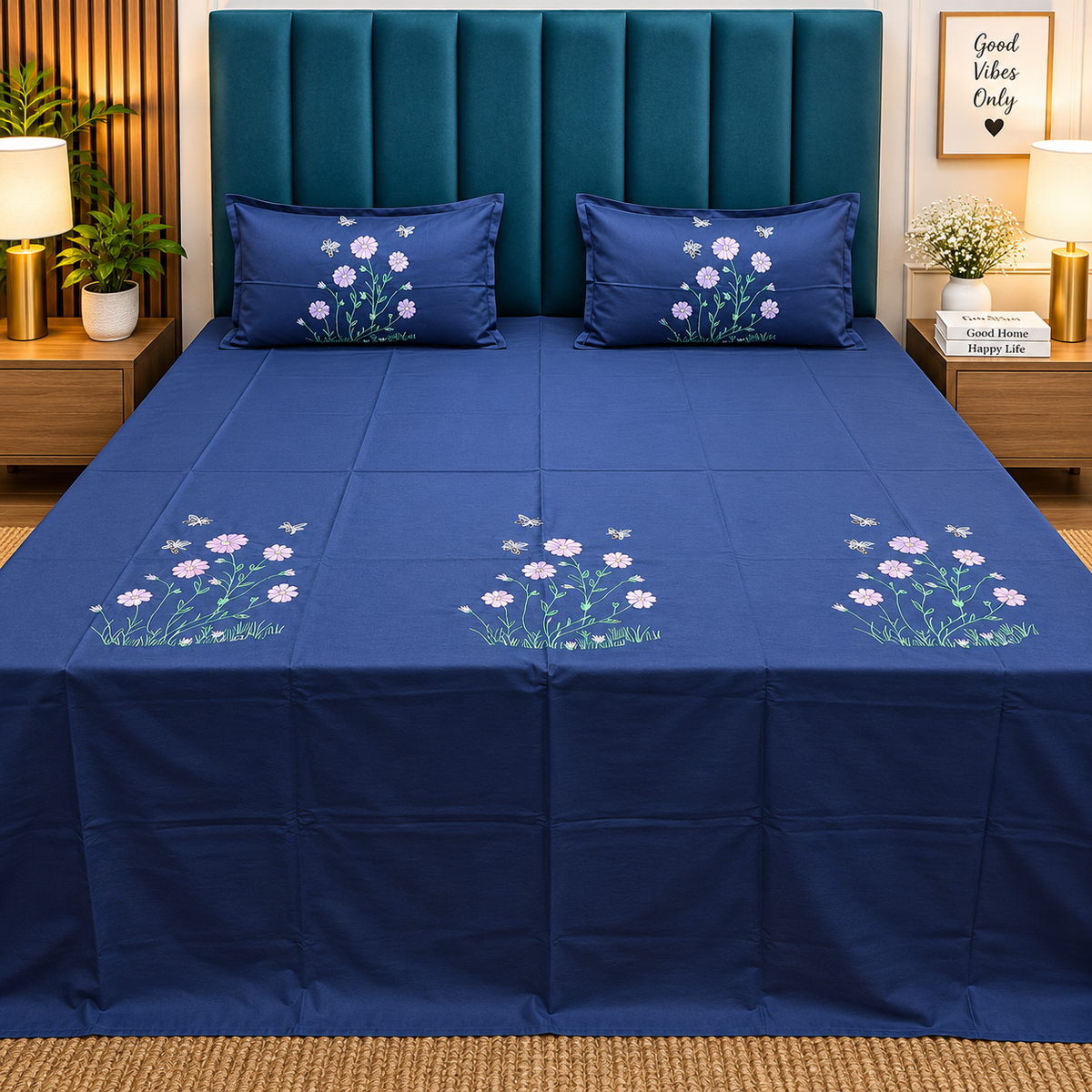 Shahi Karigari Pure Cotton King-Size Navy Blue Floral Embroidered Bedsheet