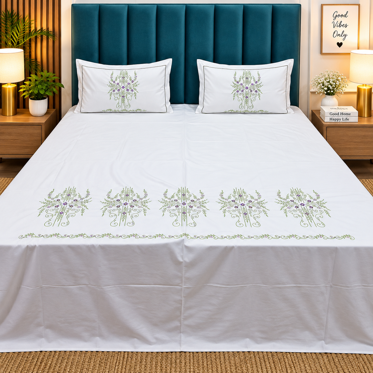 Shahi Karigari Pure Cotton King-Size White & Green Floral Embroidered Bedsheet