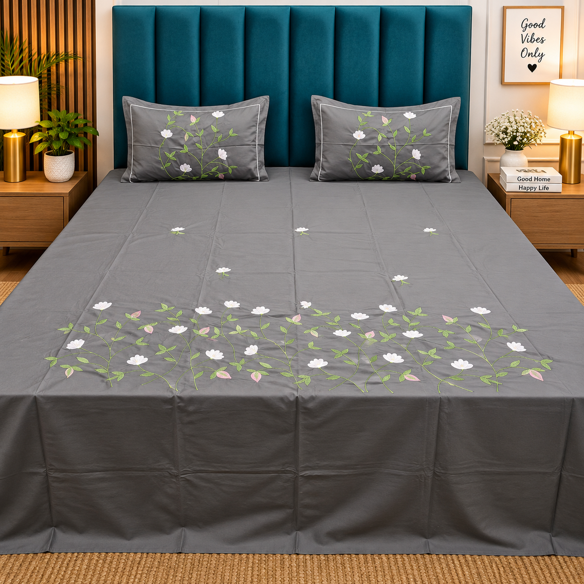 Shahi Karigari Pure Cotton King-Size Grey Floral Embroidered Bedsheet