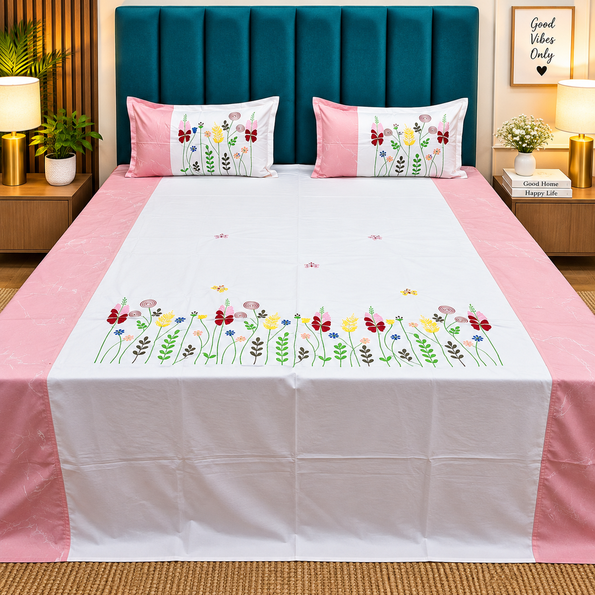 Shahi Karigari Pure Cotton King-Size Pink & White Floral Embroidered Bedsheet